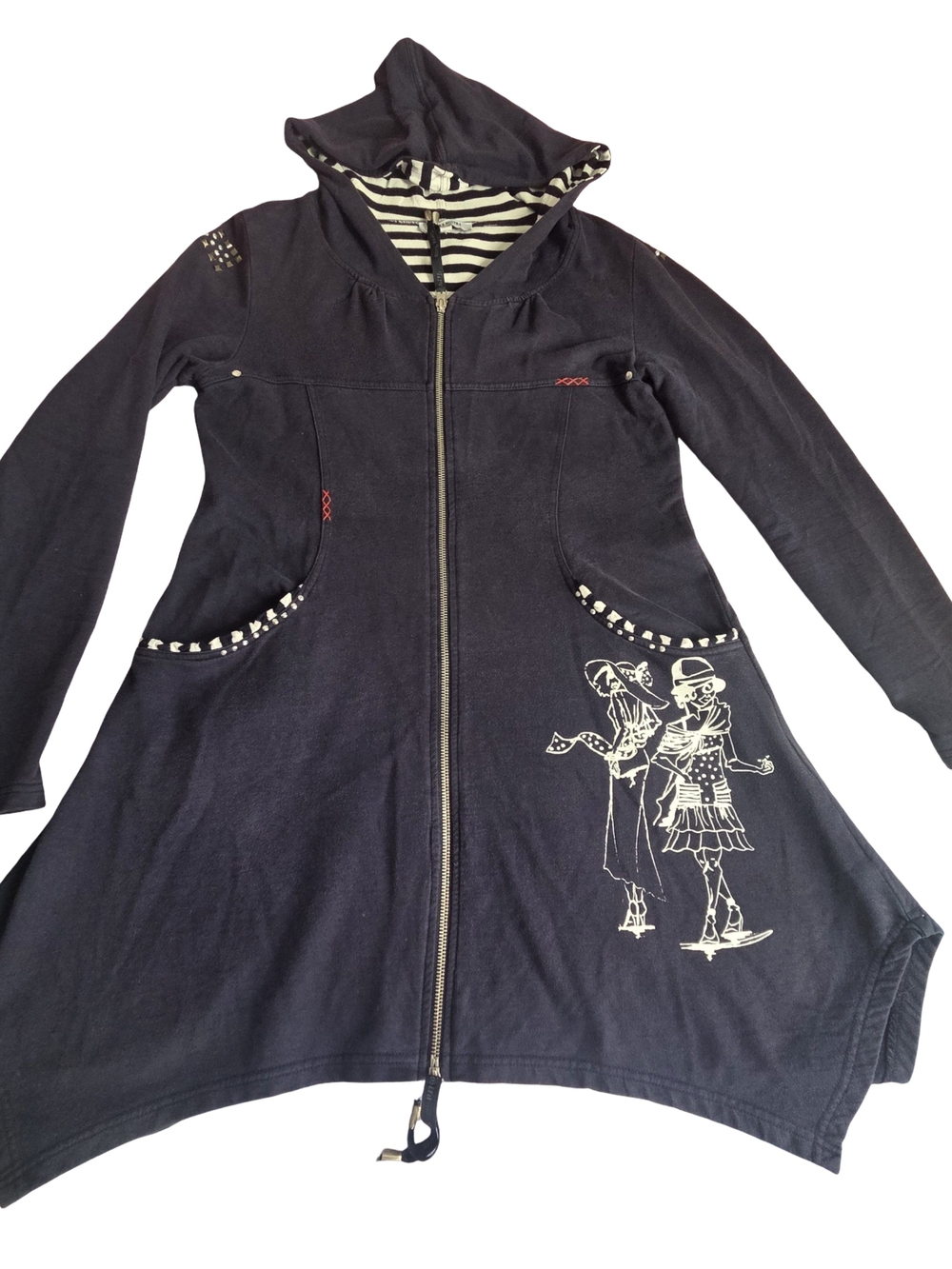 Terra Nostra Women's Black Hooded Women's Zip-Front Coat with Graphic Detail